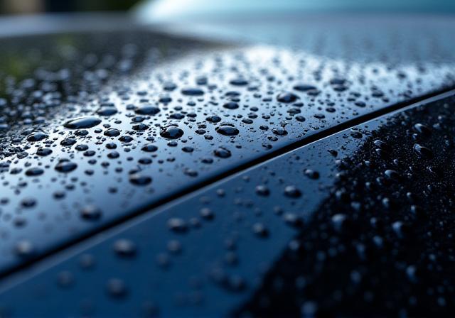 Primer plano de la carrocería de un coche con protección cerámica y efecto hidrofóbico