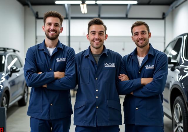 Equipo de profesionales de Solviento Detailing en su taller de Madrid